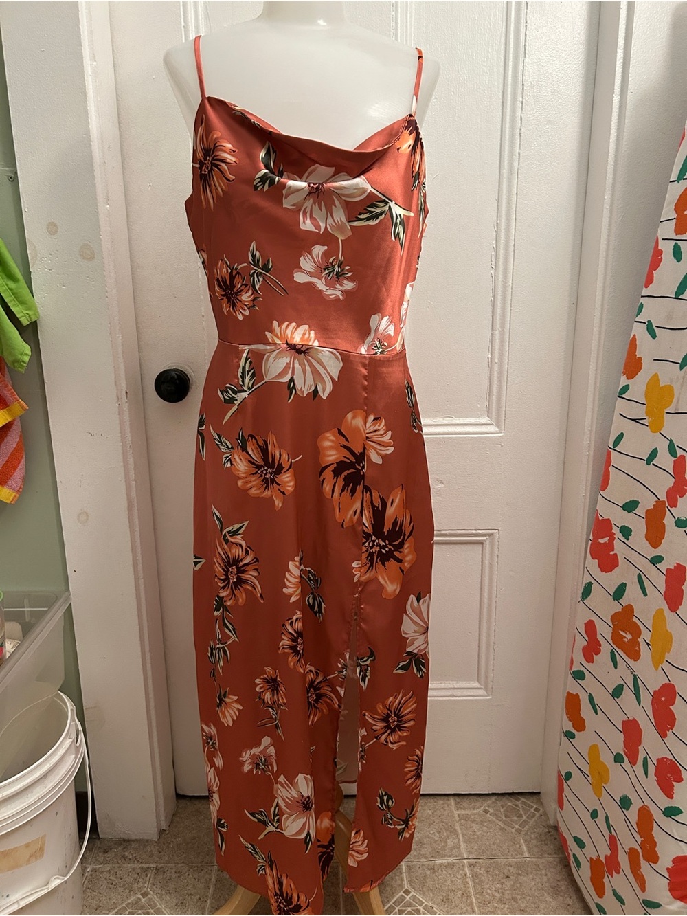 SHEIN Rust Orange Floral Cowl Midi Dress
